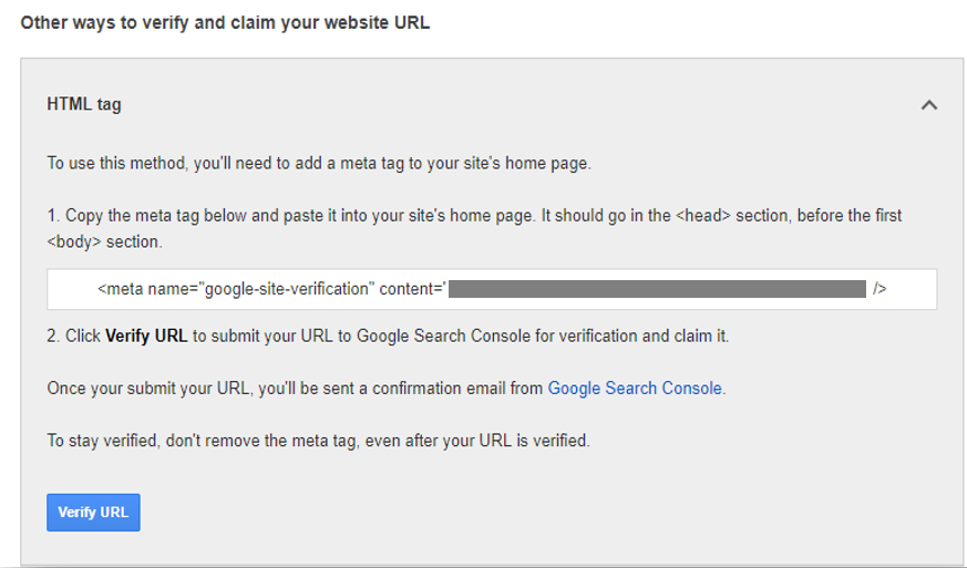 HTML tag for google merchant center url verification