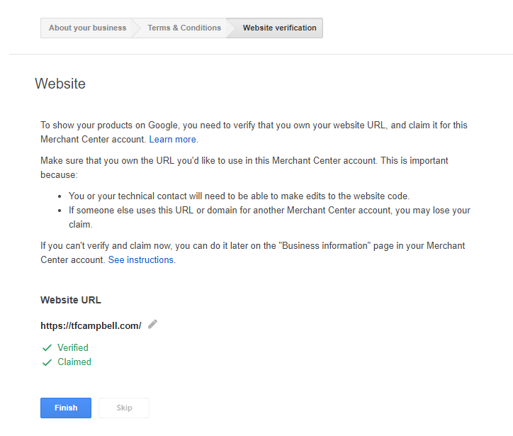 google merchant center url verified