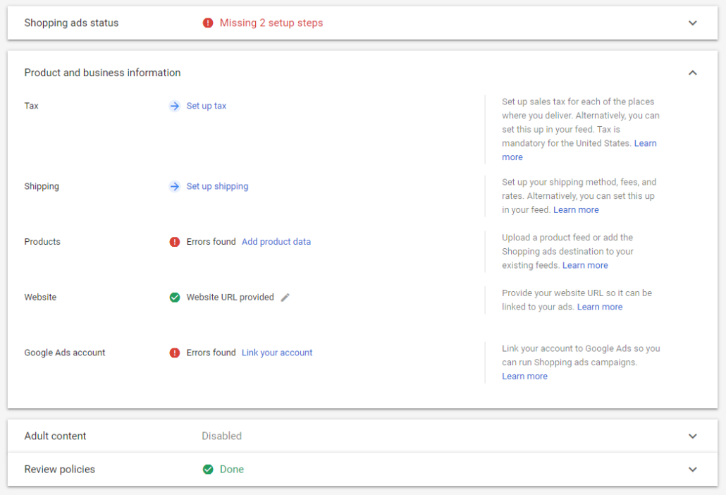 google shopping set up status