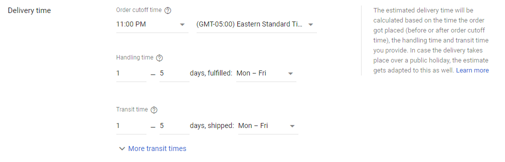 shipping delivery time settings