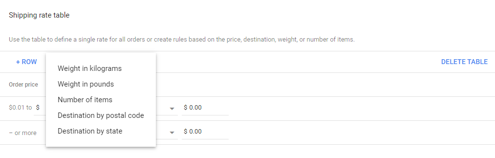 shipping rate table