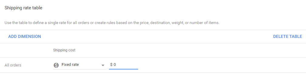 shipping rate table fixed rate