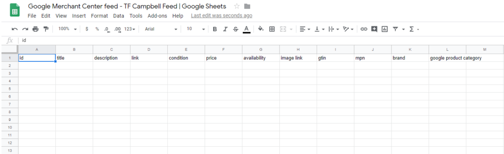 google merchant center fields for product feed blank