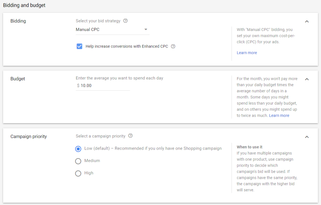 set up bidding and budget strategy for google shopping