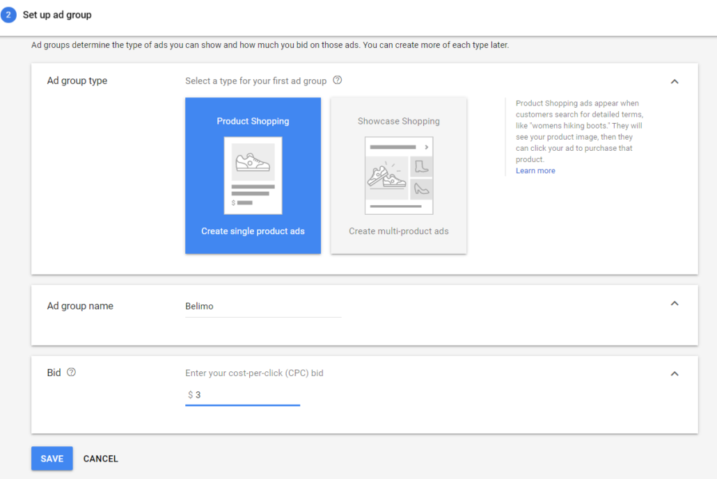 set up ad group for google shopping