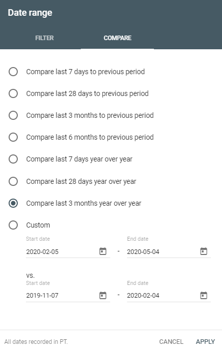 google search console compare date ranges