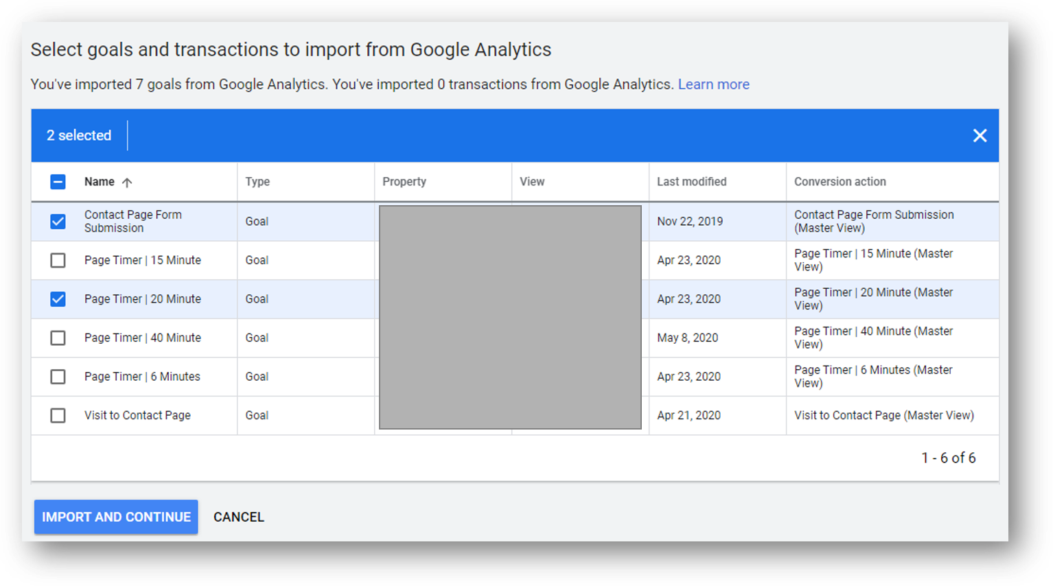 select specific goals to import to google ads