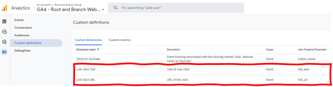 register link click tracking parameters as custom dimensions in ga4
