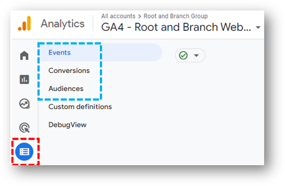 configure menu to manage events, conversions, and audiences in ga4