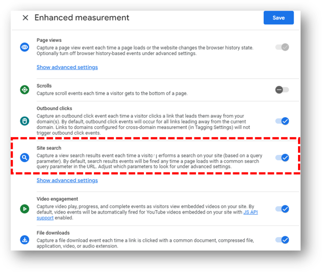 enhanced measurement ga4 site search