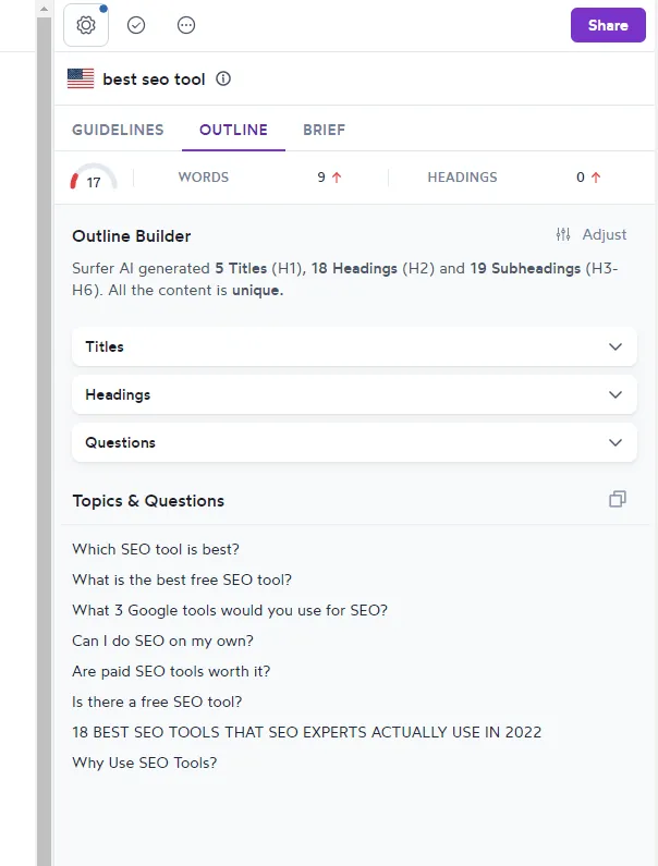 SEO Surfer Outline Tool Screenshot