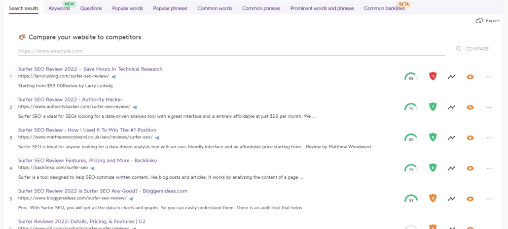SEO Surfer SERP analyzer search results screenshot