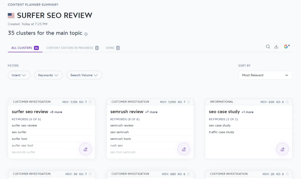 SEO Surfer Content Planner Screenshot