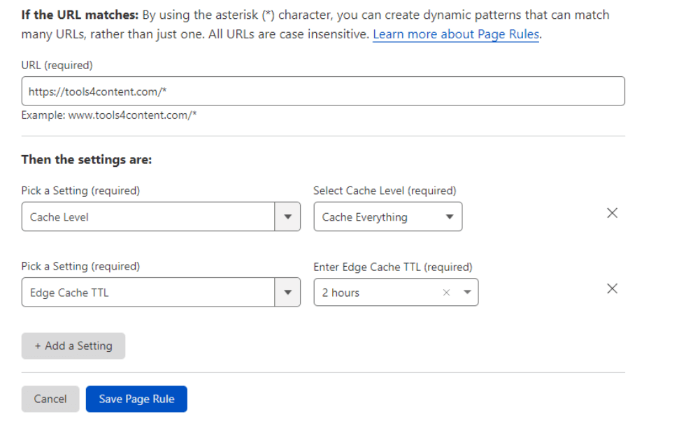Cloudflare page rule settings