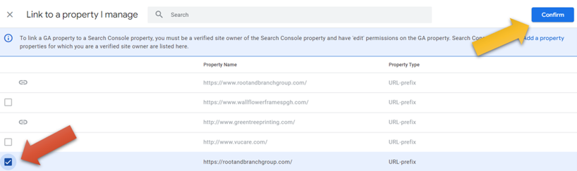 confirm search console link to google analytics