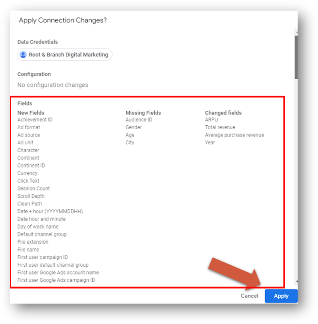 apply connection to looker data source fields