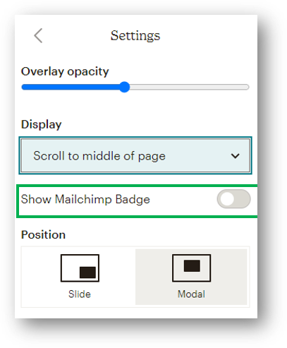 overlay settings mailchimp pop up