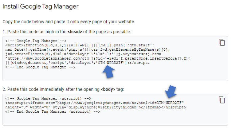 google tag manager container code snippet