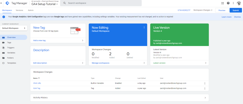 google tag manager screenshot