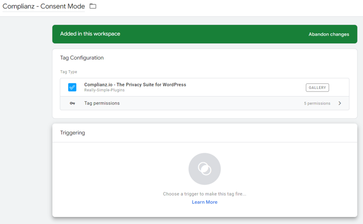add trigger to complianz consent mode v2 tag