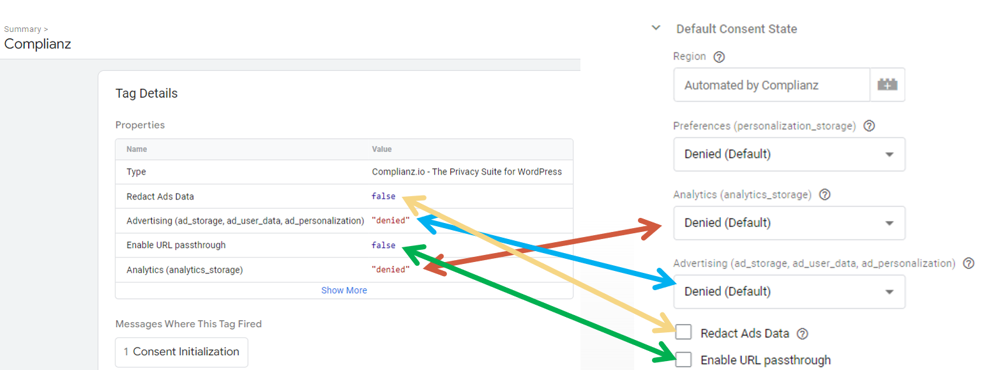 complianz consent mode tag configuration settings