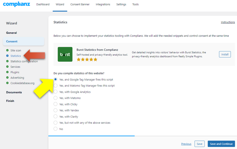 statistics configuration complianz consent mode