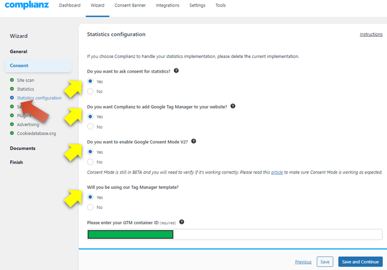 statistics configuration for complianz consent mode 2